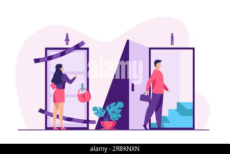 Woman knocking to locked and closed door Stock Vector