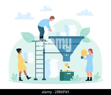 Office paperwork, generator and conversion of creative ideas vector illustration. Cartoon tiny people control funnel with engine, carry of paper documents, data information to light bulb filter Stock Vector