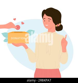 Woman showing support and assistance flat vector illustration. Charity campaign concept. Volunteer holding donation box to donate hearts. Stock Vector