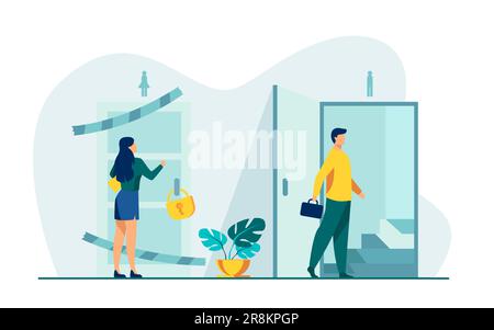 Woman knocking to locked and closed door Stock Vector