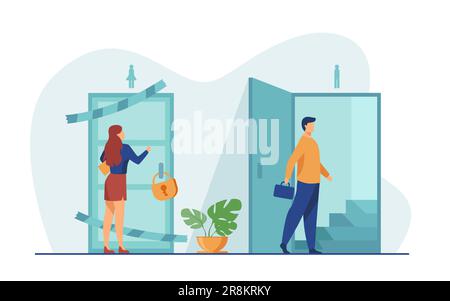 Woman knocking to locked and closed door Stock Vector