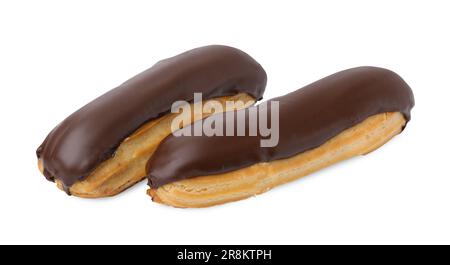 Delicious eclairs covered with chocolate isolated on white Stock Photo