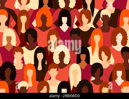 Pattern with women of different races and ethnicities. Concept of female support and movement for women's rights. International Women's Day Stock Vector