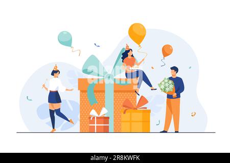 Cartoon friends celebrating birthday with balloons and gifts Stock Vector