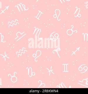 Seamless pattern of white zodiac signs and dots on a pink background. Vector illustration in flat style Stock Vector