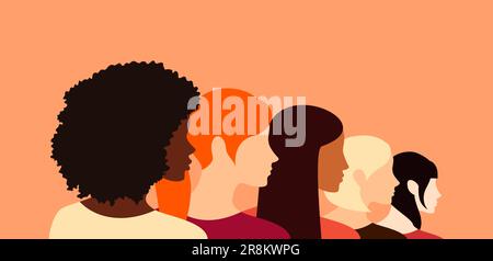Women of different ethnicities standing together in a row, side view. Vector illustration in flat style Stock Vector