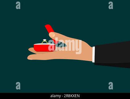 Man's hand holdind a red jewelry box with an engagement ring. Making a marriage proposal. Wedding concept. Flat vector illustration. Stock Vector