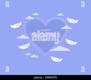 Happy Valentine's Day greeting card. Heart, flying winged envelopes and clouds on a purple background. Flat vector illustration Stock Vector