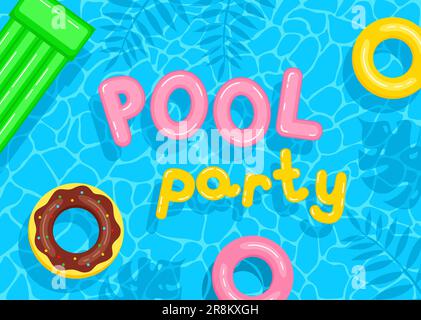 Poster template for pool party. Colorful inflatable circles, mattress and letters float on the water surface Stock Vector