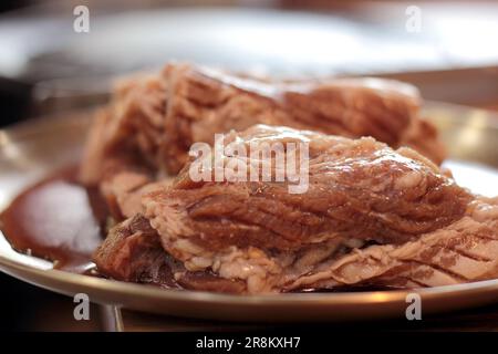Korean pork ribs and beef marbled Korean BBQ style charcoal grill Stock Photo