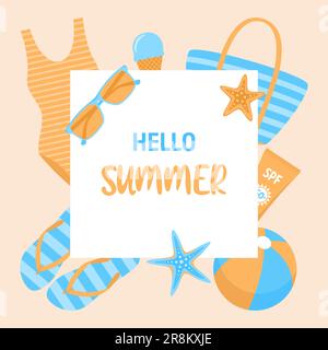 Summer square template with beach items frame. Vector illustration in flat style Stock Vector