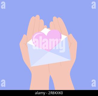Hands holding envelope with big heart inside on a purple background, top view. Flat vector illustration Stock Vector