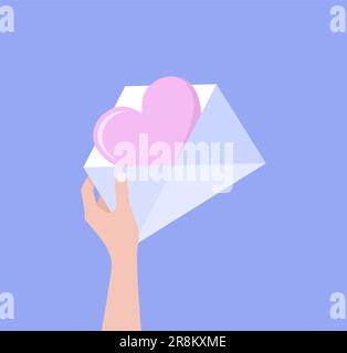 Hand holding envelope with big pink heart inside on a purple background. Flat vector illustration Stock Vector