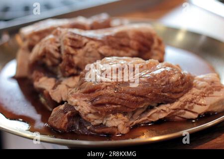 Korean pork ribs and beef marbled Korean BBQ style charcoal grill Stock Photo
