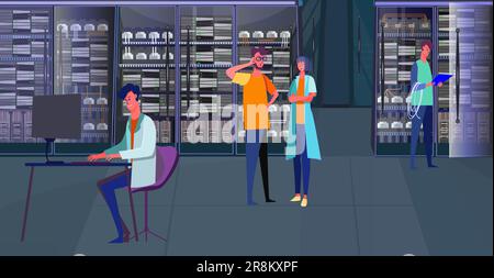 Hardware professionals working in server room Stock Vector