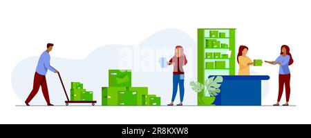 Postman giving parcel to customer in post office Stock Vector