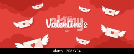 Flying envelopes with wings, greeting text and clouds on a red background. Valentine's day greeting banner. Flat vector illustration Stock Vector