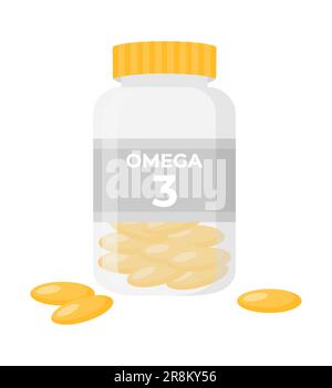 Omega 3 fish oil capsules in a transparent bottle. Flat vector illustration Stock Vector