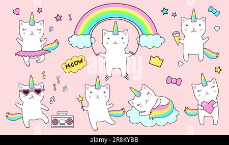 Cute unicorn cats flat icon set Stock Vector