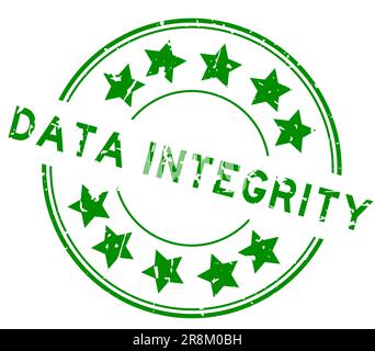 Grunge green data integrity word with star icon round rubber seal stamp on white background Stock Vector
