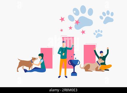 Dog owners celebrating victory and holding trophy Stock Vector