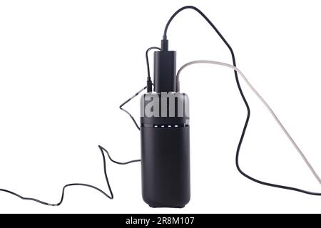 powerbank black isolated on a white background, usb cables, plug Stock Photo