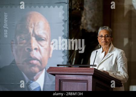 Washington, United States. 21st June, 2023. Linda Earley Chastang, Inaugural President and Chief Executive Office of the John and Lillian Miles Lewis Foundation and former Chief of Staff to former US Representative John Lewis (Democrat of Georgia), offers remarks during a stamp unveiling ceremony in honor of the late civil rights icon and former US Representative John Lewis (Democrat of Georgia), in Statuary Hall at the US Capitol in Washington, DC, USA, Wednesday, June 21, 2023. Photo by Rod Lamkey/CNP/ABACAPRESS.COM Credit: Abaca Press/Alamy Live News Stock Photo