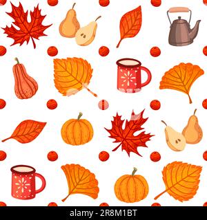 Autumn theme seamless pattern with red mug and leaves vector illustration Stock Vector
