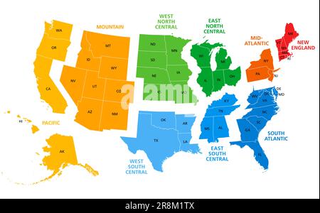 United States, Census regions and divisions, political map. Region ...