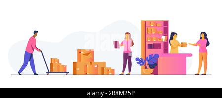 Postman giving parcel to customer in post office Stock Vector