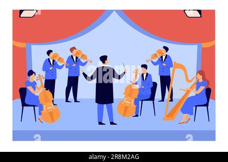 Conductor and musicians playing on violin, harp and cello Stock Vector