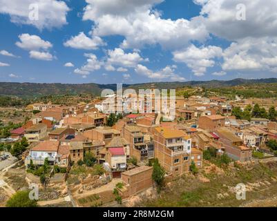 Aerial view of the village of Bovera, in Les Garrigues, surrounded by fields of fruit trees (Lleida, Catalonia, Spain) ESP: Vista aérea de Bovera Stock Photo