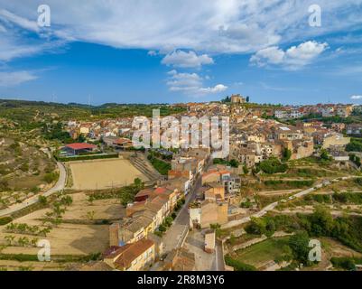 Aerial view of the village of La Fatarella and the surrounding olive fields (Terra Alta, Tarragona, Catalonia, Spain) ESP: Vista aérea de La Fatarella Stock Photo