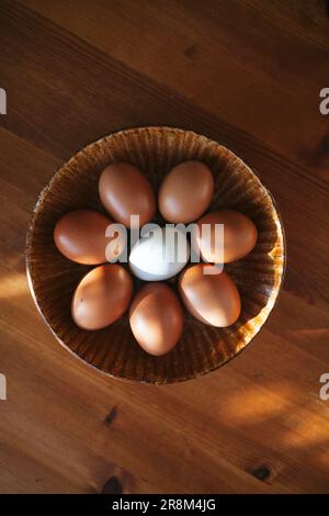 High angle view of eggs in bowl Stock Photo