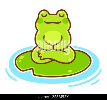 Cute little cartoon frog sitting in meditation on lily pad. Adorable meditating froggy vector illustration. Stock Vector