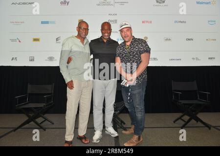 Miami Beach, USA. 17th June, 2023. MIAMI BEACH, FLORIDA - JUNE 17: Payne Brown, Chris Spencer and Guerilla Mike attend the Screening Chris Spencer Comedy Special: 'Don't Call It A Comeback' during the 2023 American Black Film Festival at Miami Beach Convention Center on June 17, 2023 in Miami Beach, Florida. (Photo by JL/Sipa USA) Credit: Sipa USA/Alamy Live News Stock Photo