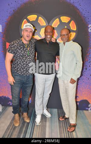 Miami Beach, USA. 17th June, 2023. MIAMI BEACH, FLORIDA - JUNE 17: Guerilla Mike, Chris Spencer and Payne Brown attend the Screening Chris Spencer Comedy Special: 'Don't Call It A Comeback' during the 2023 American Black Film Festival at Miami Beach Convention Center on June 17, 2023 in Miami Beach, Florida. (Photo by JL/Sipa USA) Credit: Sipa USA/Alamy Live News Stock Photo
