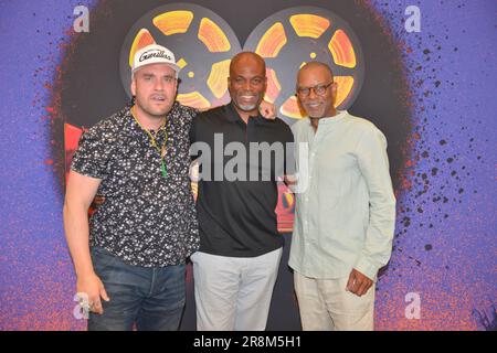 Miami Beach, USA. 17th June, 2023. MIAMI BEACH, FLORIDA - JUNE 17: Guerilla Mike, Chris Spencer and Payne Brown attend the Screening Chris Spencer Comedy Special: 'Don't Call It A Comeback' during the 2023 American Black Film Festival at Miami Beach Convention Center on June 17, 2023 in Miami Beach, Florida. (Photo by JL/Sipa USA) Credit: Sipa USA/Alamy Live News Stock Photo