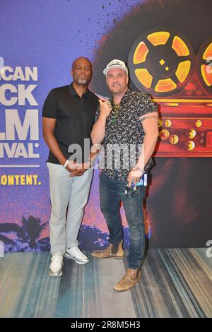 Miami Beach, USA. 17th June, 2023. MIAMI BEACH, FLORIDA - JUNE 17: Chris Spencer and Guerilla Mike attend the Screening Chris Spencer Comedy Special: 'Don't Call It A Comeback' during the 2023 American Black Film Festival at Miami Beach Convention Center on June 17, 2023 in Miami Beach, Florida. (Photo by JL/Sipa USA) Credit: Sipa USA/Alamy Live News Stock Photo