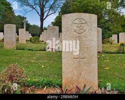 The headstone of a British sailor in the Trincomalee War Cemetery in Sri Lanka. The sailor died in the Second World War. Stock Photo