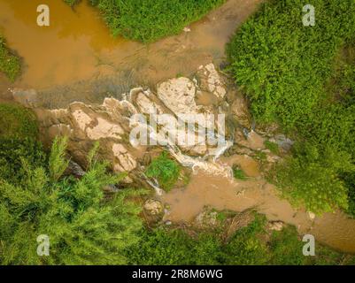 Aerial zenithal view of the Tenes river at the height of the Roquetes, in Santa Eulàlia de Ronçana (Vallès Oriental, Barcelona, Catalonia, Spain) Stock Photo