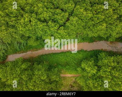 Aerial zenithal view of the Tenes river in Santa Eulàlia de Ronçana (Vallès Oriental, Barcelona, Catalonia, Spain) ESP: Vista aérea del río Tenes Stock Photo