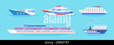 Cartoon collection with sea boat and yacht, cargo delivery transport ...