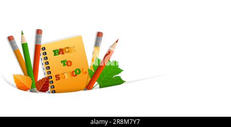 Wide banner, concept of return to school, knowledge day, September 1, school supplies in a pocket, multi-colored bright stationery. On white Stock Vector