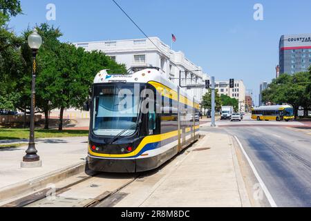 Dallas, United States - May 5, 2023: Dallas Streetcar line tram public transport at Union Station in Dallas, United States. Stock Photo