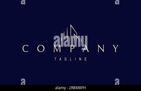 Vector golden logo on which an abstract image of the silhouette of modern skyscrapers in a linear style. Stock Vector