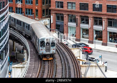 Chicago, United States - May 2, 2023: Chicago 'L' Elevated Metro rapid rail transit train public transport in Chicago, United States. Stock Photo