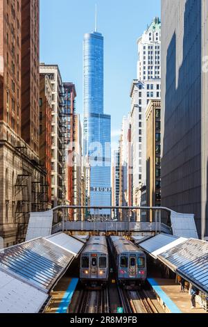 Chicago, United States - May 2, 2023: Chicago 'L' Elevated Metro rapid rail transit train public transport portrait format in Chicago, United States. Stock Photo