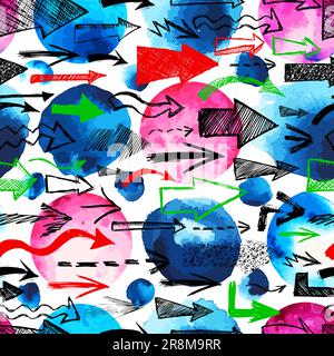 Abstract seamless pattern of arrows and watercolor circles. Vector illustration Stock Vector