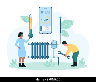 Heating and savings vector illustration. Cartoon tiny people hold wrench and thermometer, use mobile app in phone to control temperature with efficiency, reduce consumption, save energy and money Stock Vector